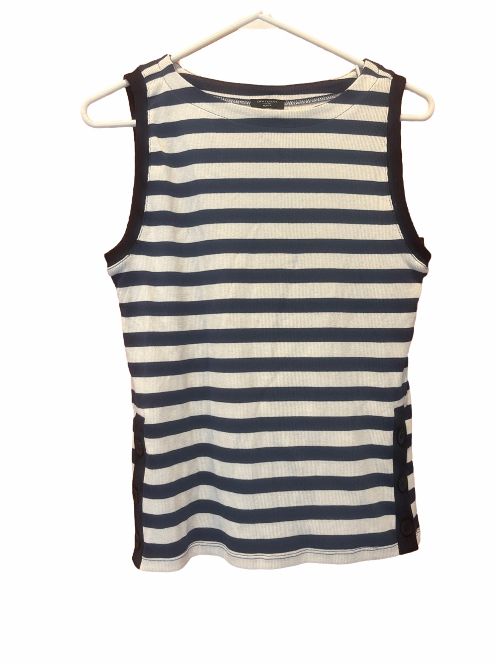 NWT Ann Taylor Navy & White Striped Sleeveless High Neck Top Tank Size Medium